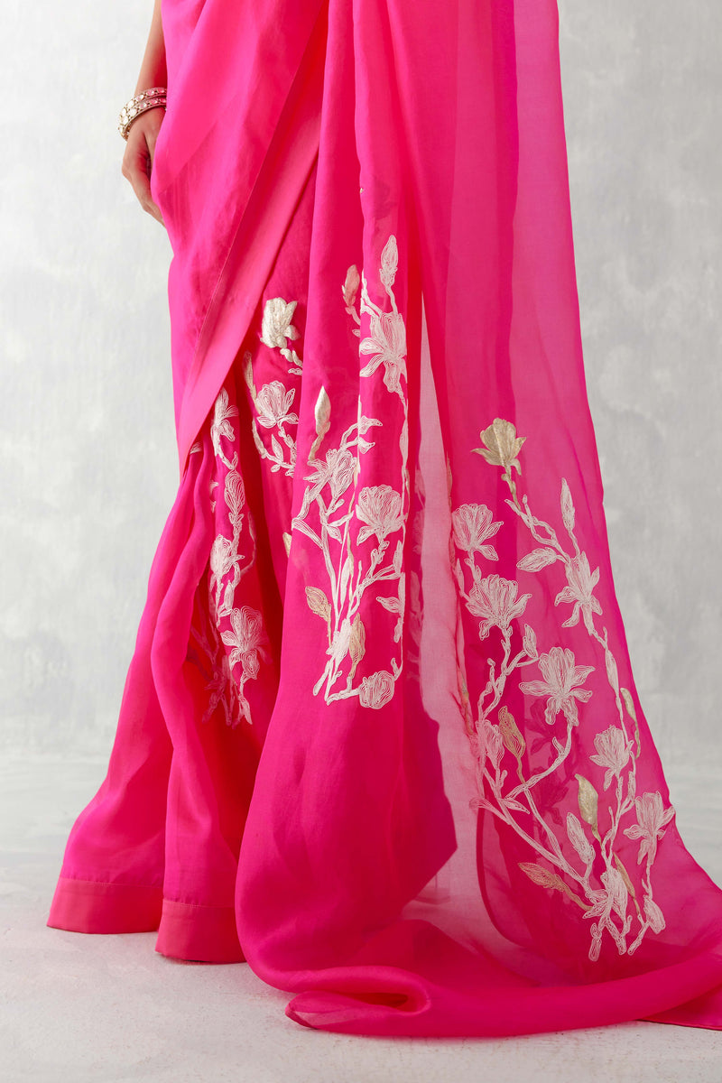 Fuchsia Pink Embroidered Silk Organza Saree