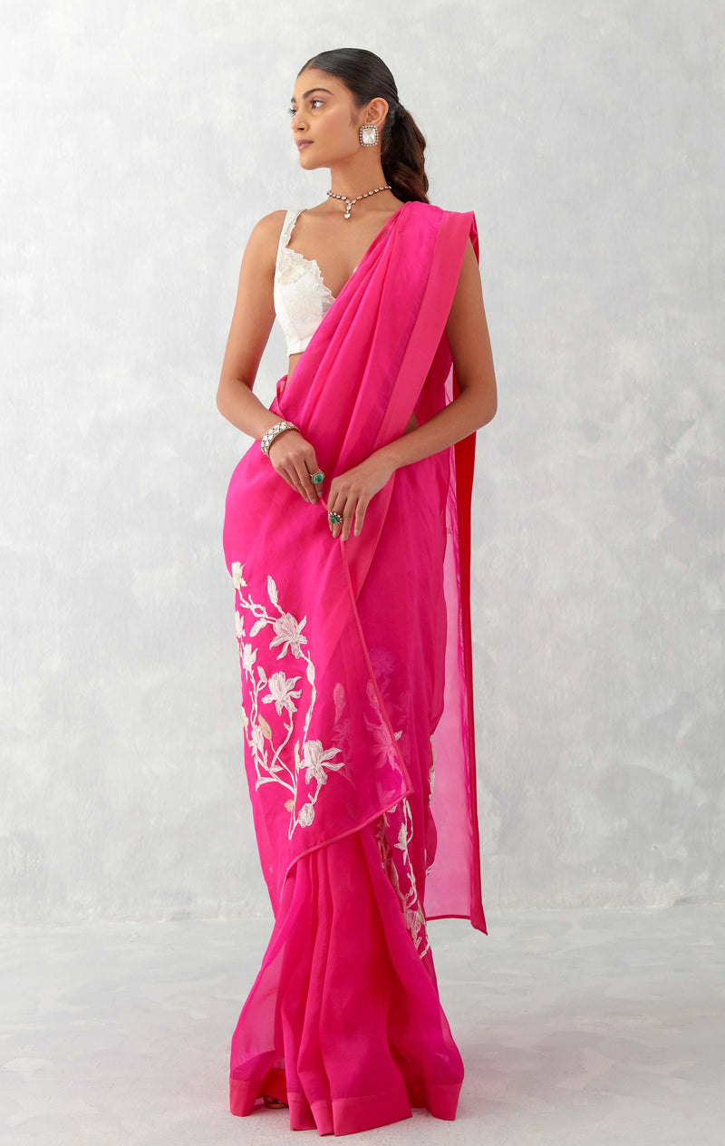 Fuchsia Pink Embroidered Silk Organza Saree