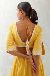 Mango Yellow Floral Embroidered Silk Chanderi Lehenga Set