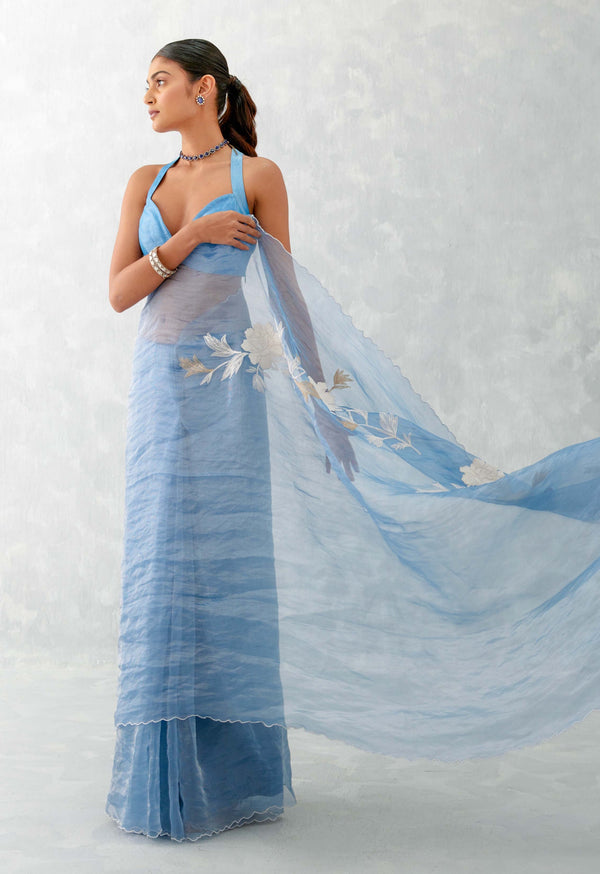 Ice Blue Embroidered Shimmer Organza Saree