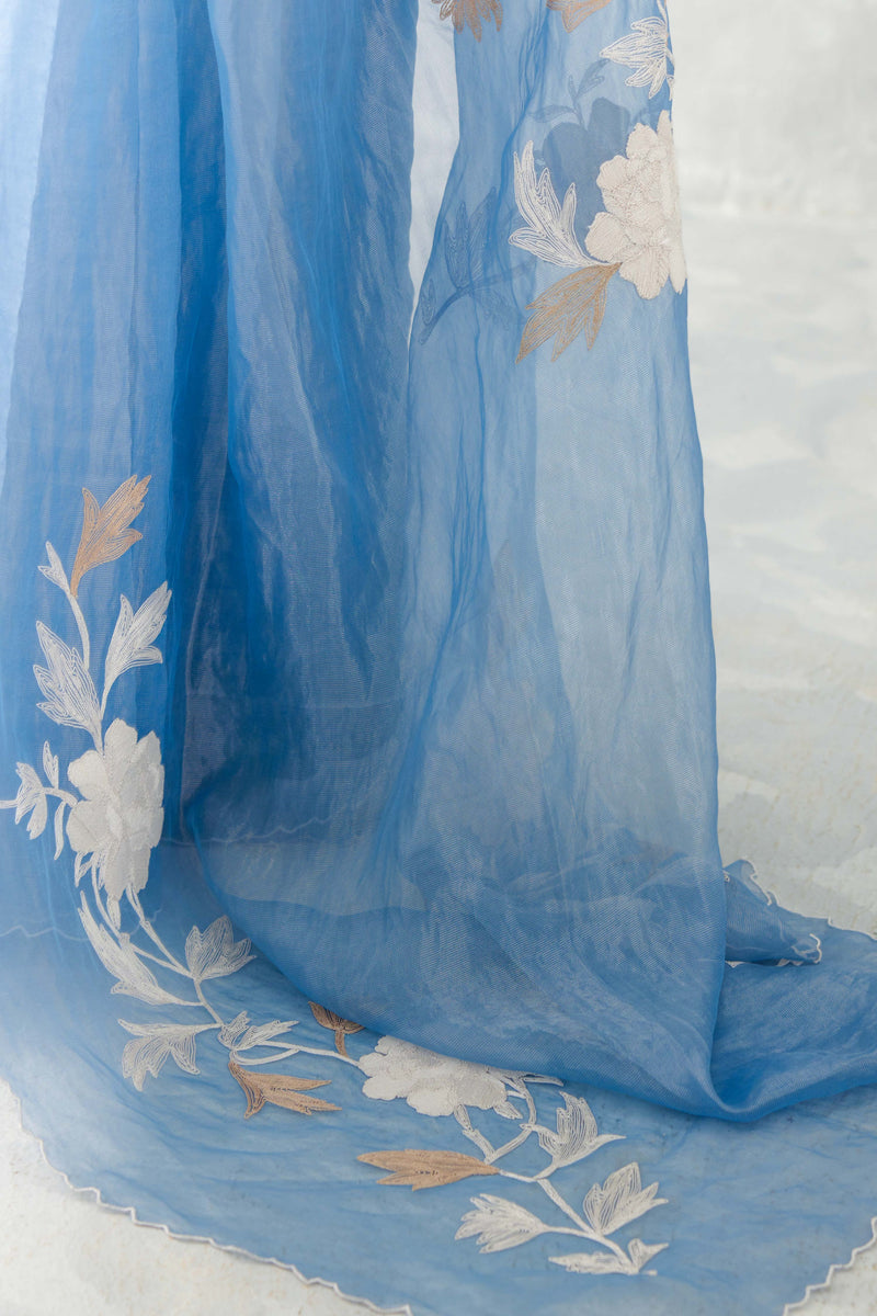 Ice Blue Embroidered Shimmer Organza Saree