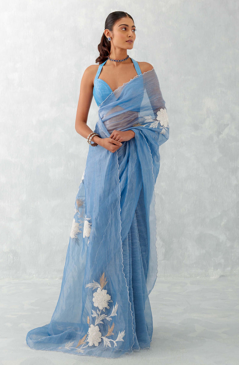 Ice Blue Embroidered Shimmer Organza Saree