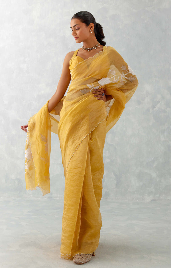 Mango Yellow Embroidered Shimmer Organza Saree