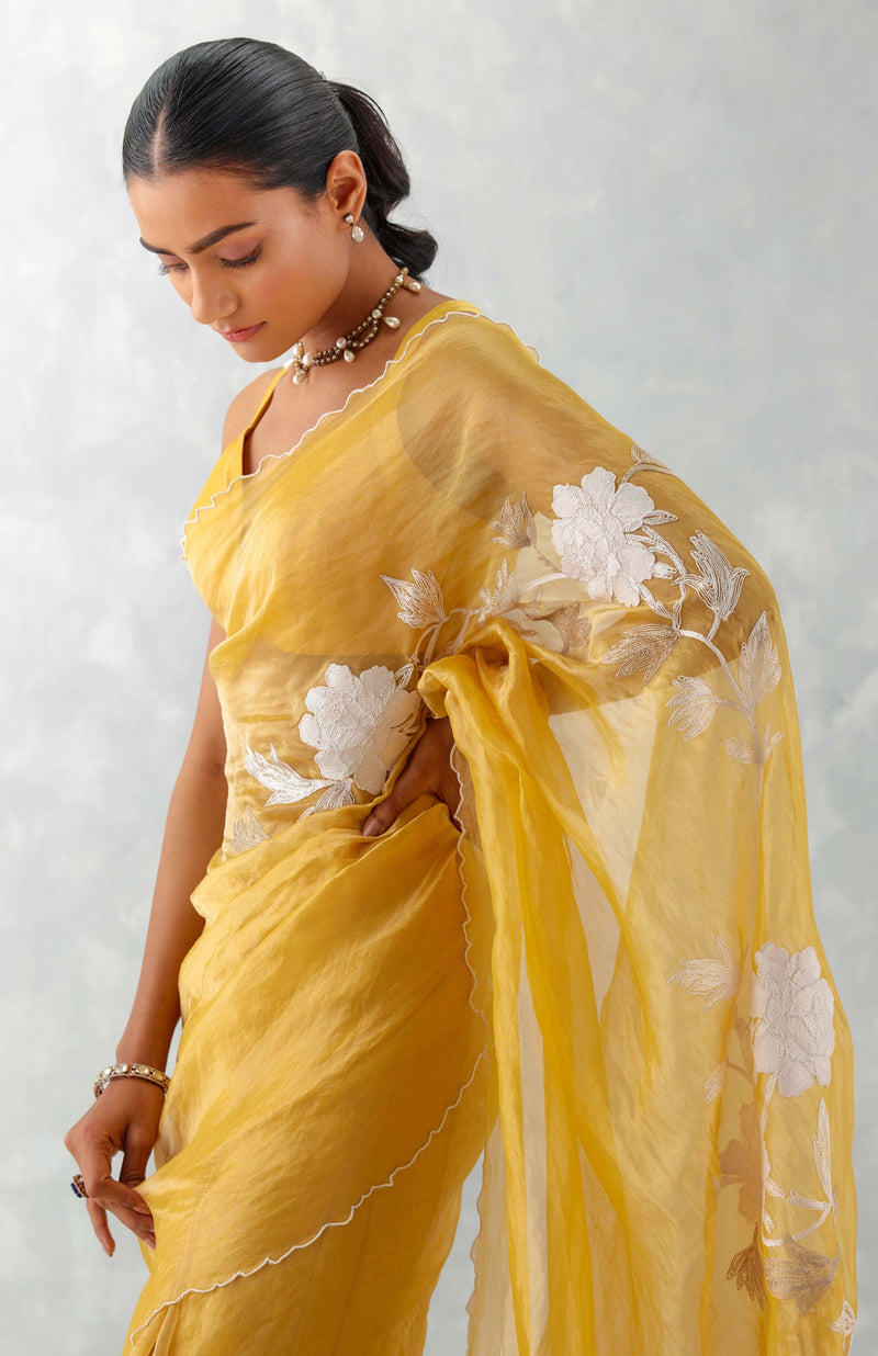 Mango Yellow Embroidered Shimmer Organza Saree