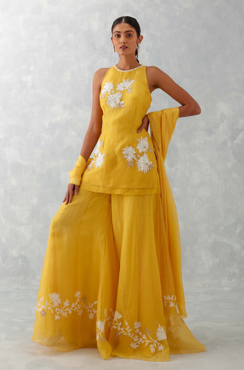 Mango Yellow Embroidered Sharara Set