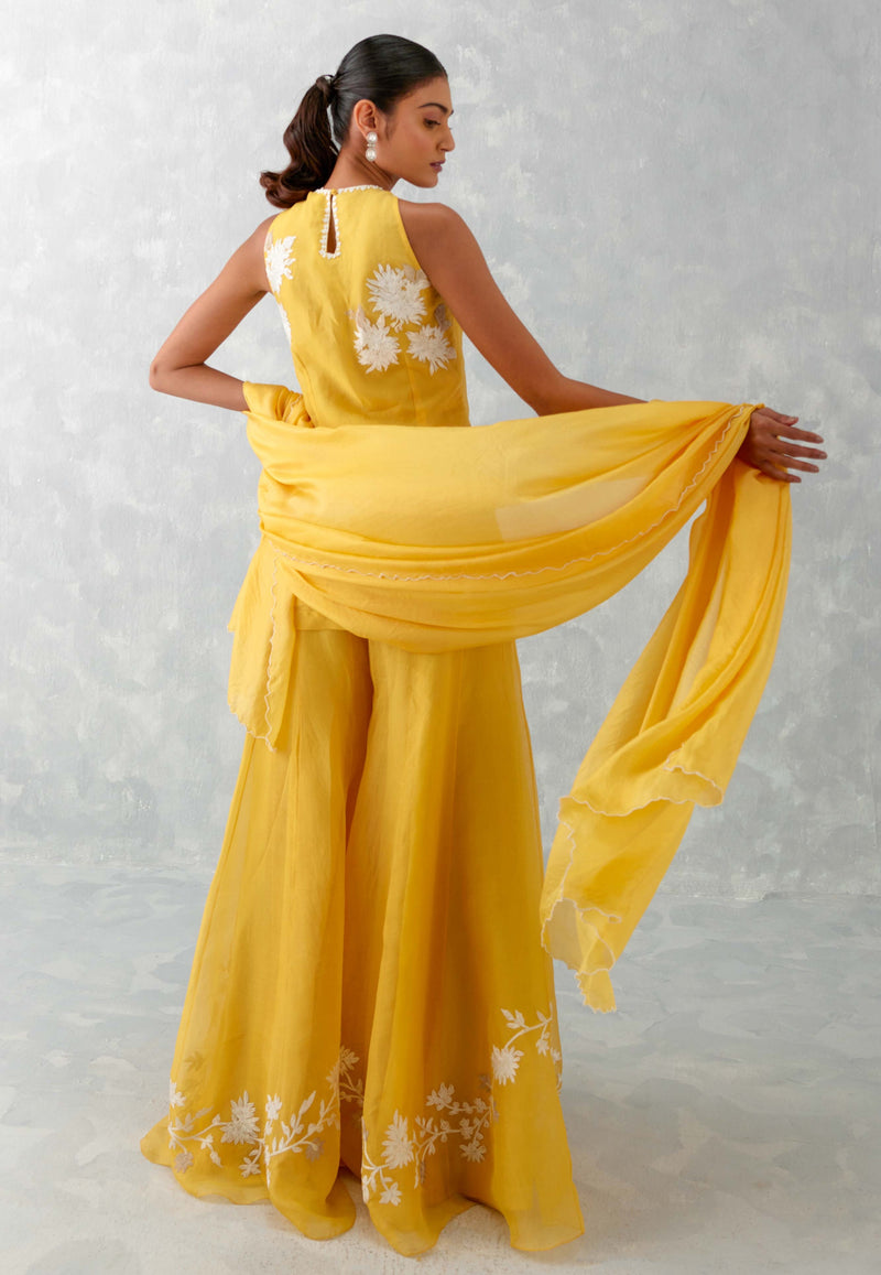 Mango Yellow Embroidered Sharara Set