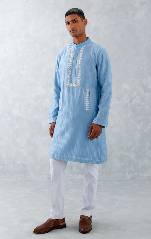 Blue Embroidered Woven Chanderi Kurta Set