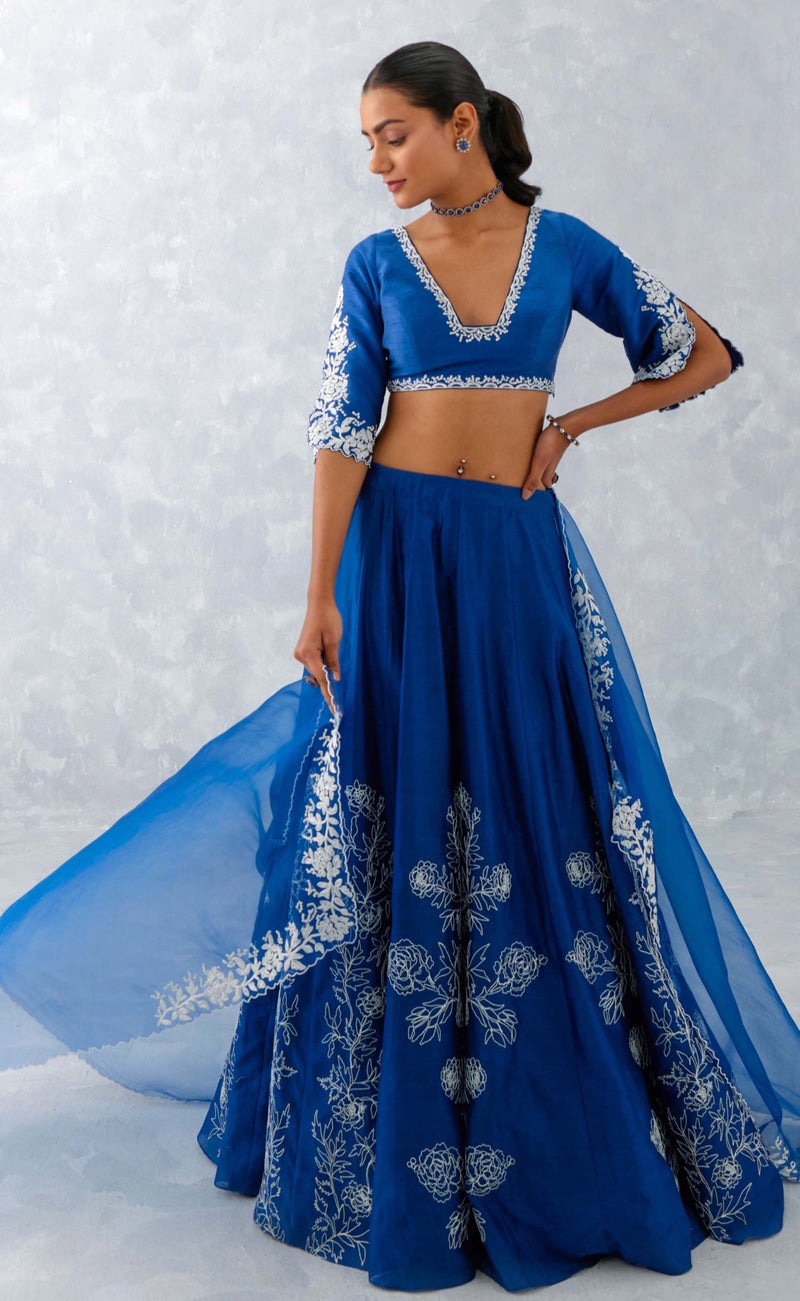 Blue Floral Embroidered Silk Chanderi Lehenga Set