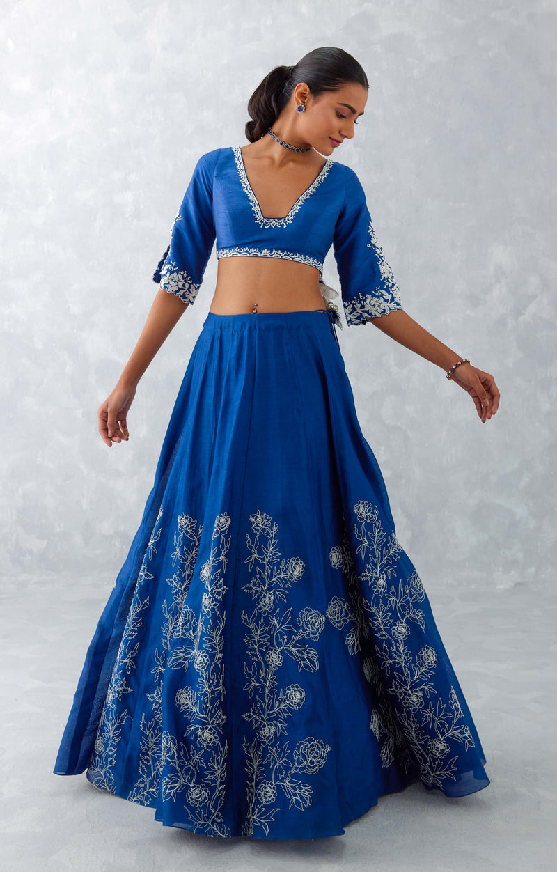 Blue Floral Embroidered Silk Chanderi Lehenga Set