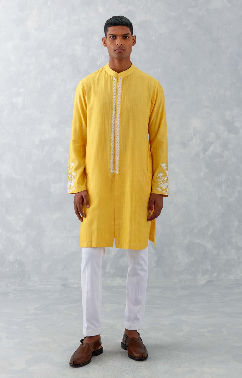 Mango Yellow Embroidered Woven Chanderi Kurta Set