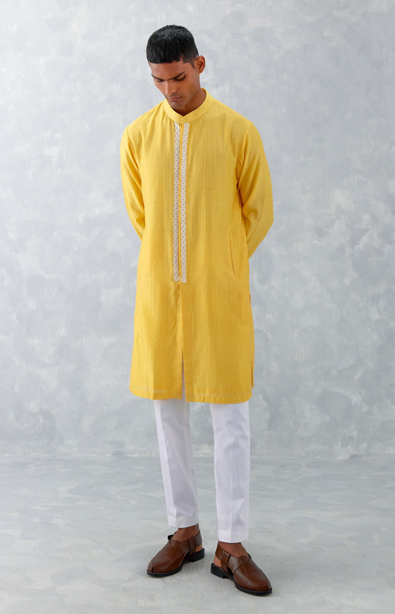 Mango Yellow Embroidered Woven Chanderi Kurta Set