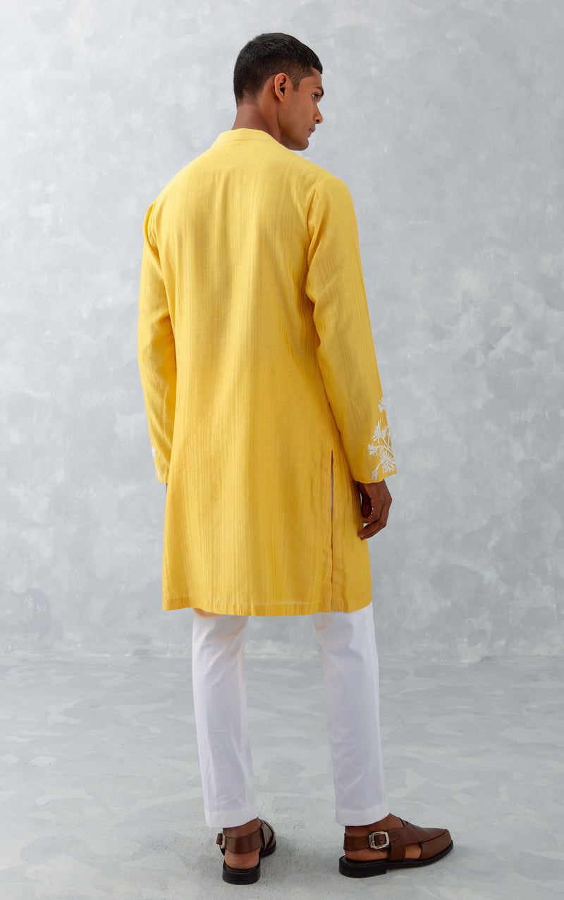 Mango Yellow Embroidered Woven Chanderi Kurta Set