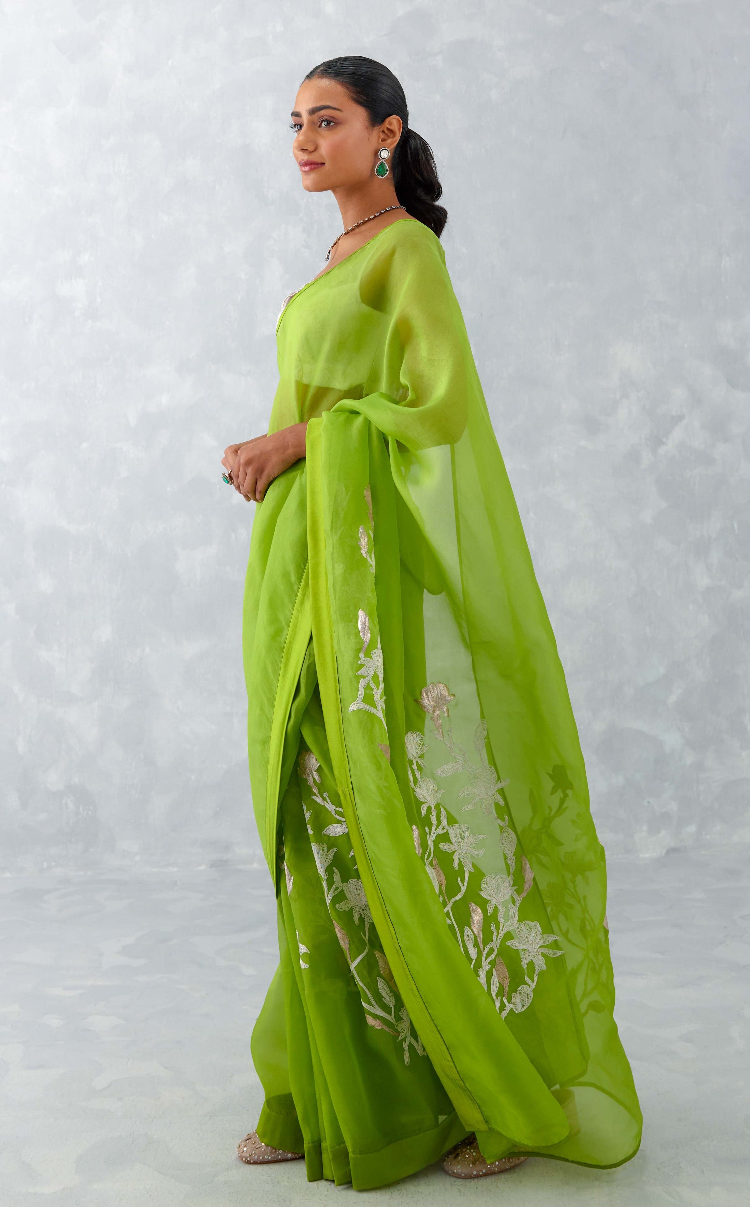 Devnaagri - Green Embroidered Silk Organza Saree