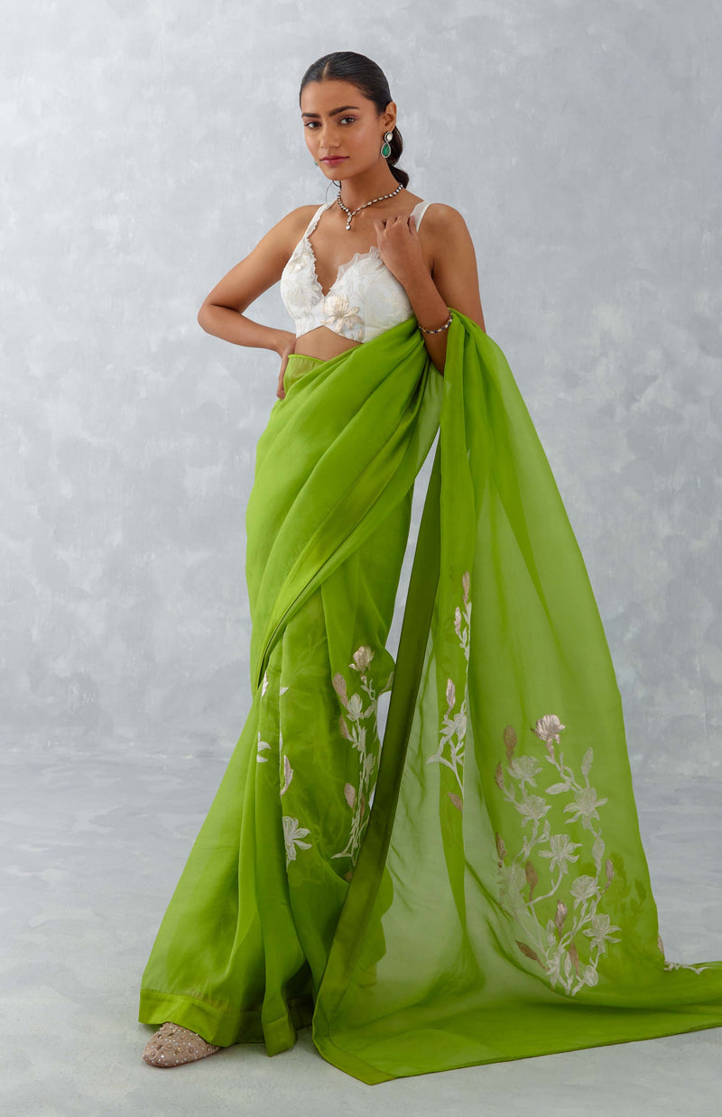 Green Embroidered Silk Organza Saree