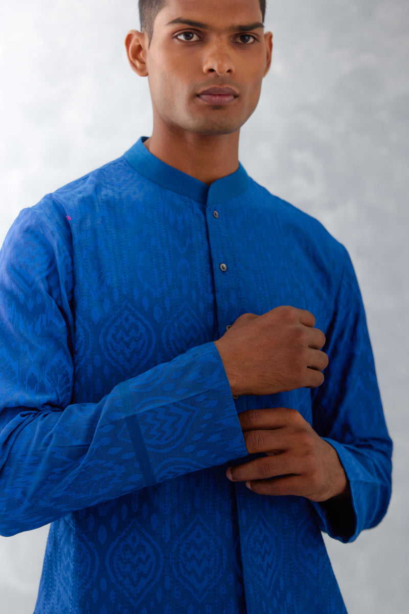 Blue Ikat Print Chanderi Kurta Set