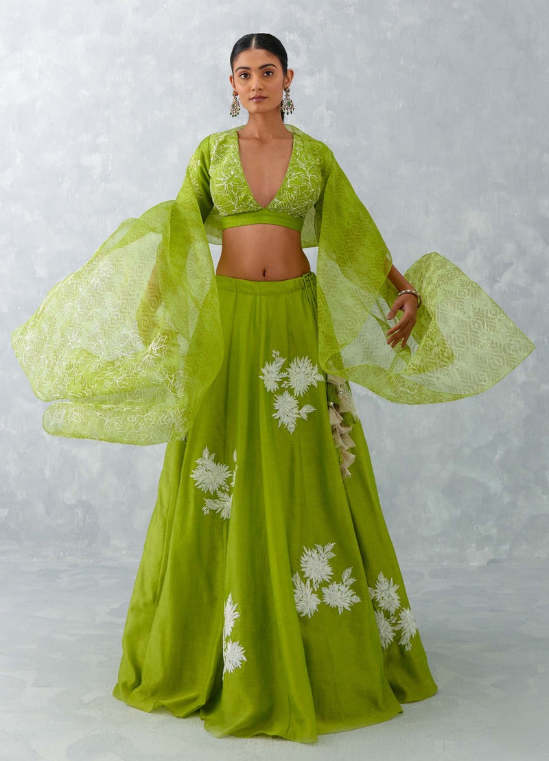 Green Floral Embroidered Chanderi Silk Lehenga Set