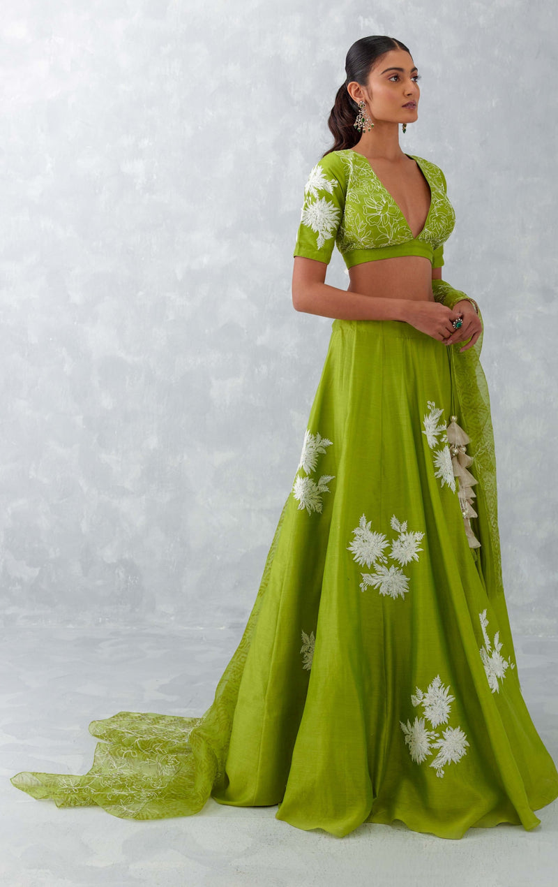 Green Floral Embroidered Chanderi Silk Lehenga Set