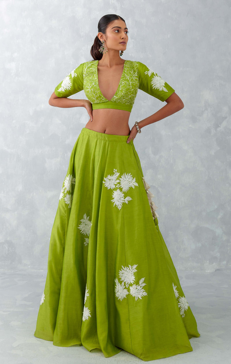 Green Floral Embroidered Chanderi Silk Lehenga Set