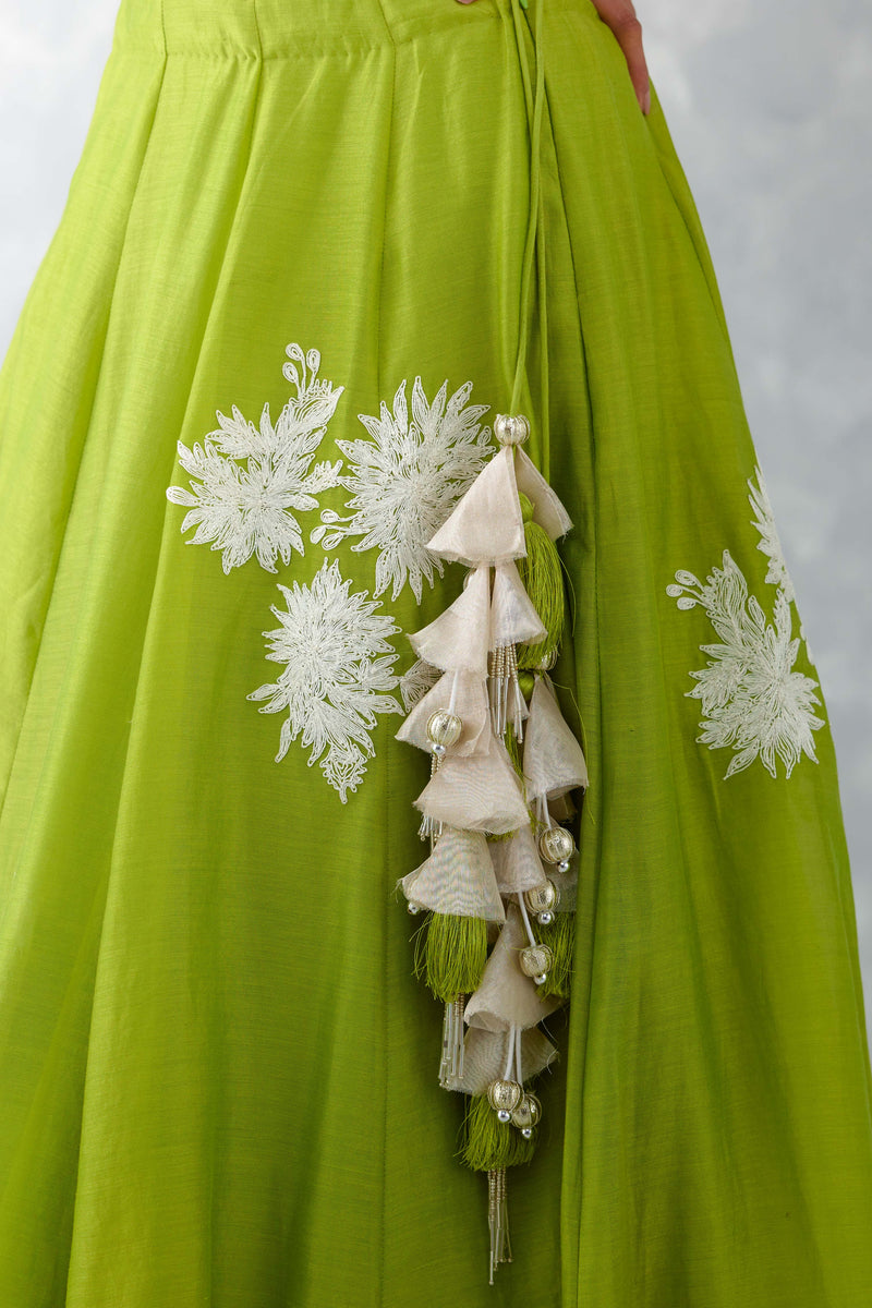 Green Floral Embroidered Chanderi Silk Lehenga Set