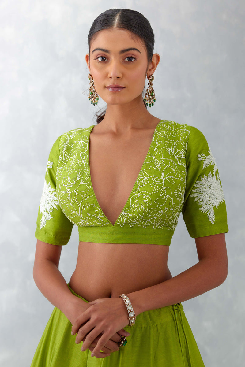 Green Floral Embroidered Chanderi Silk Lehenga Set