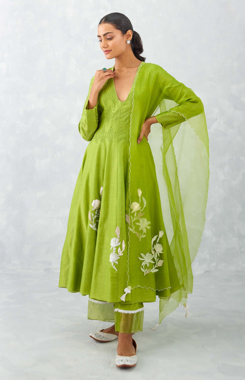 Aishwarya Lekshmi in Green Embroidered Chanderi Anarkali Set