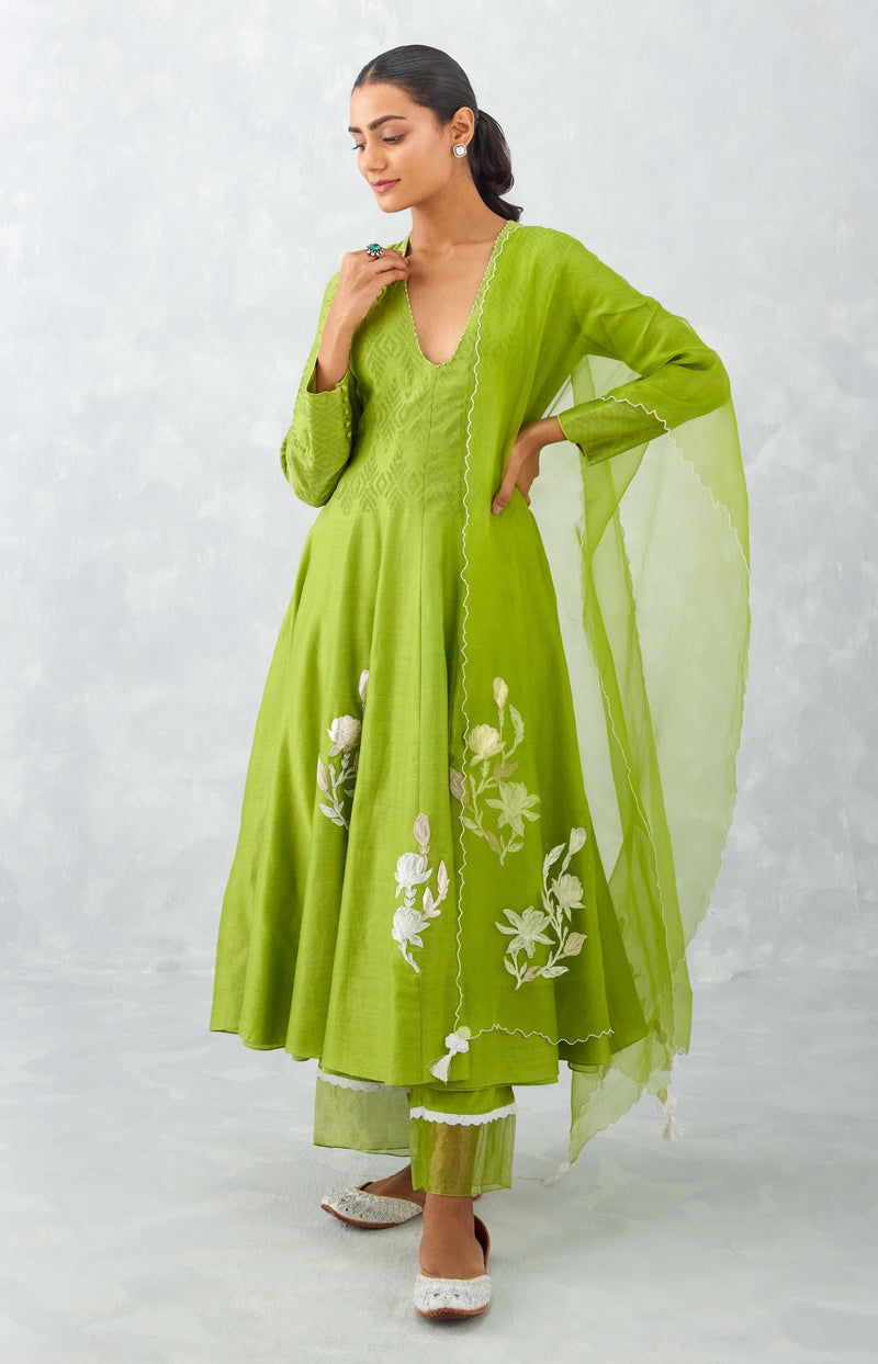 Green Embroidered Chanderi Anarkali Set