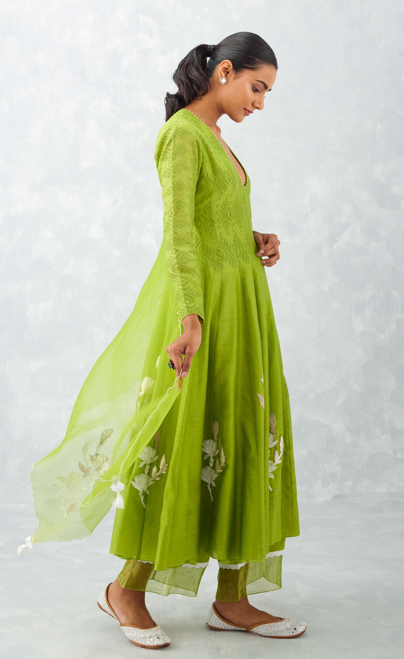 Green Embroidered Chanderi Anarkali Set