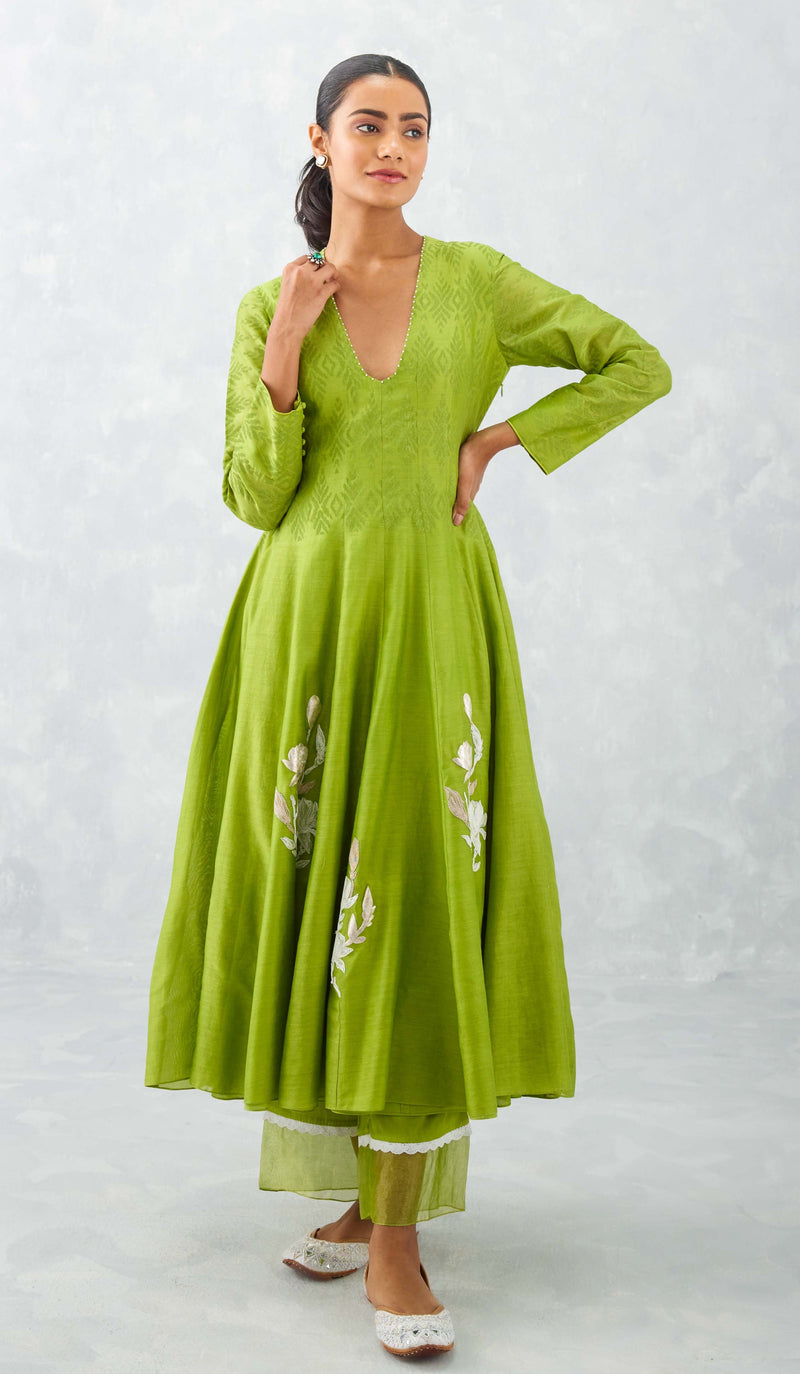 Green Embroidered Chanderi Anarkali Set