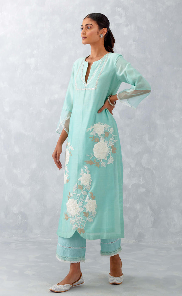 Aqua Blue Embroidered Chanderi Kurta Set