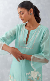 Aqua Blue Embroidered Chanderi Kurta Set