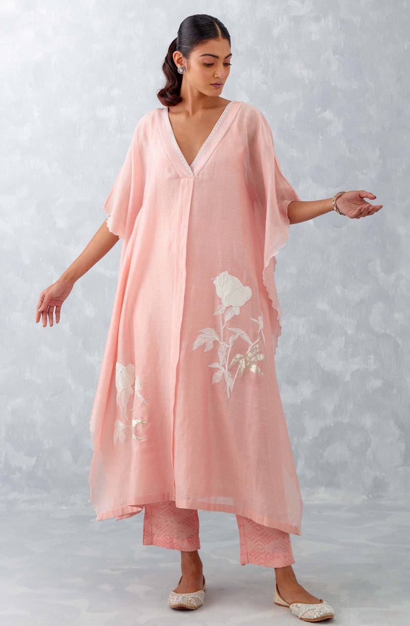 Baby Pink Embroidered Silk Chanderi Kaftan Set