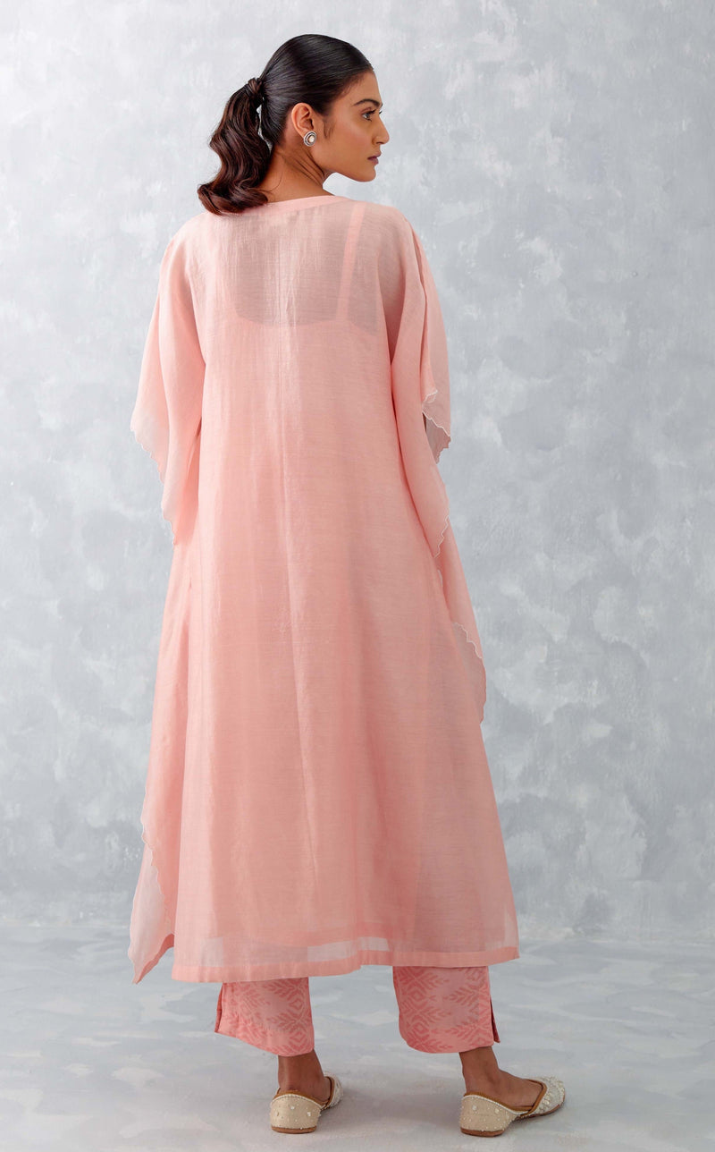 Baby Pink Embroidered Silk Chanderi Kaftan Set