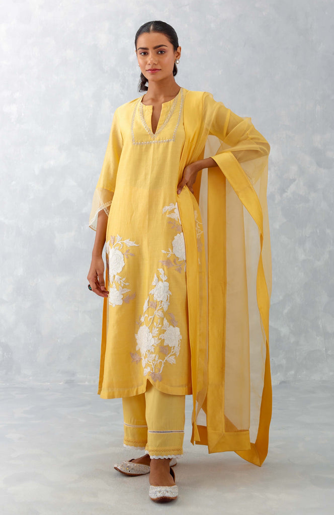 Mango Yellow Embroidered Chanderi Kurta Set