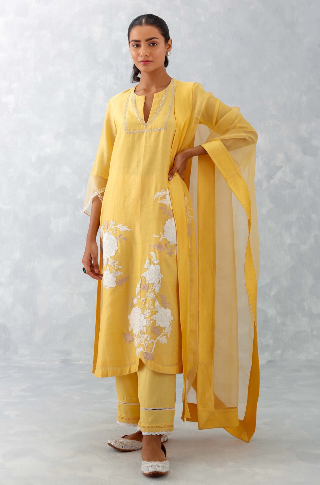 Mango Yellow Embroidered Chanderi Kurta Set (RTS)