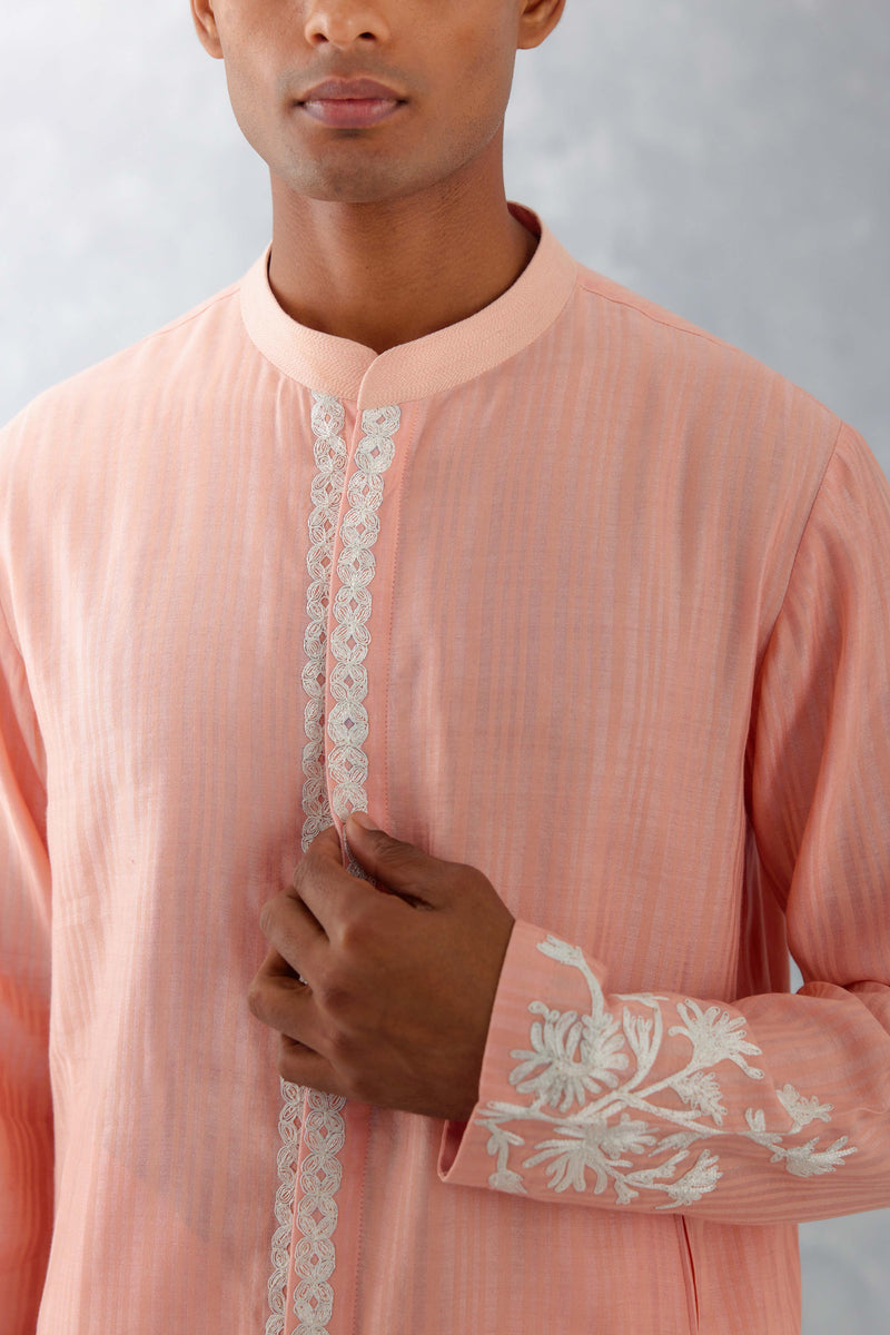 Blush Pink Embroidered Woven Chanderi Kurta Set