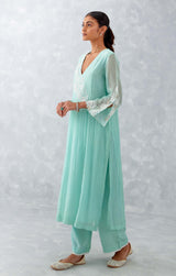 Aqua Blue Embroidered Chanderi Kurta Set
