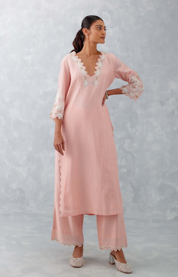 Blush Pink Embroidered Woven Chanderi Kurta Set