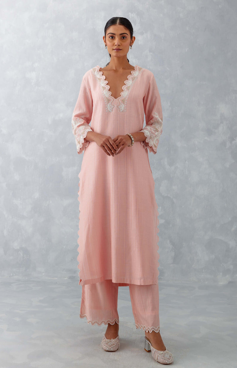 Blush Pink Embroidered Woven Chanderi Kurta Set