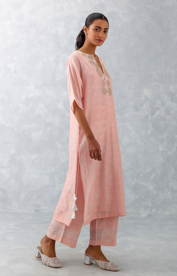 Pink Embroidered Ikat Print Chanderi Kurta Set