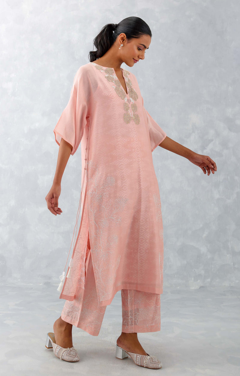 Pink Embroidered Ikat Print Chanderi Kurta Set