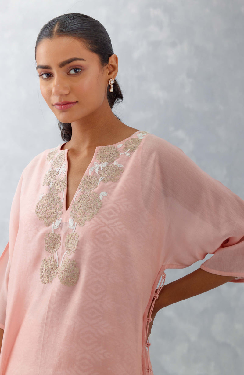 Pink Embroidered Ikat Print Chanderi Kurta Set