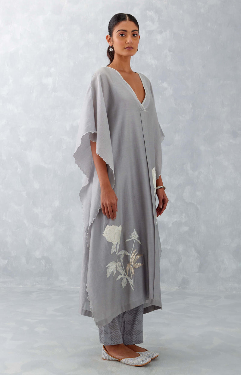 Grey Embroidered Silk Chanderi Kaftan Set