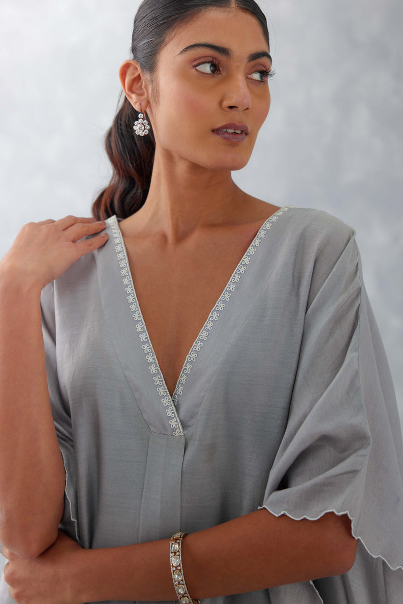 Grey Embroidered Silk Chanderi Kaftan Set