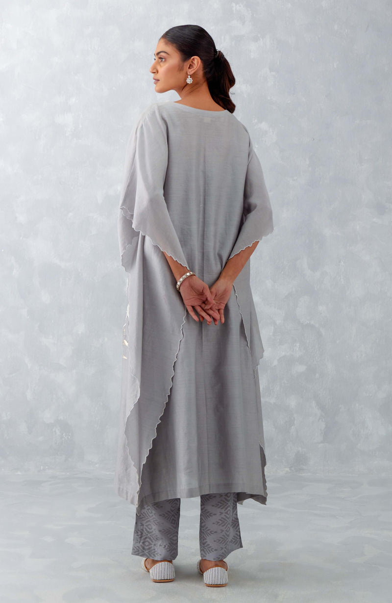 Grey Embroidered Silk Chanderi Kaftan Set