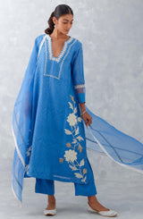 Blue Embroidered Chanderi Kurta Set (RTS)