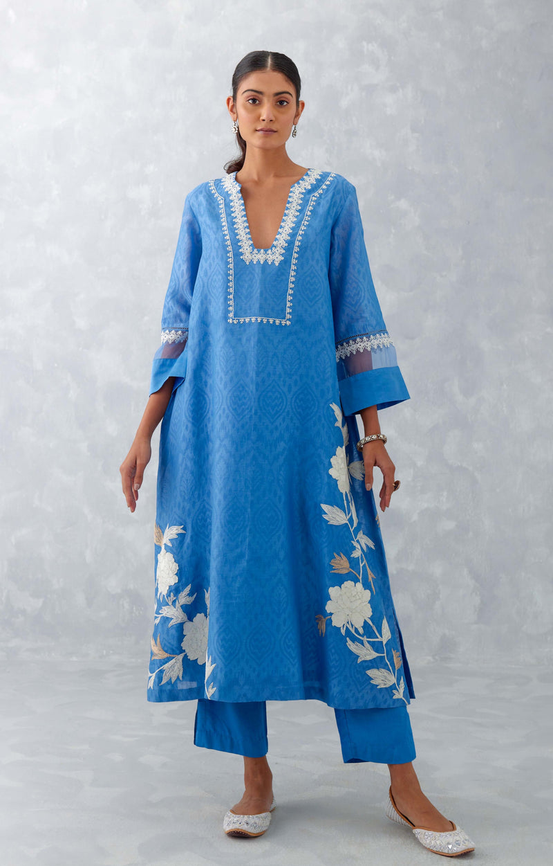 Blue Embroidered Chanderi Kurta Set