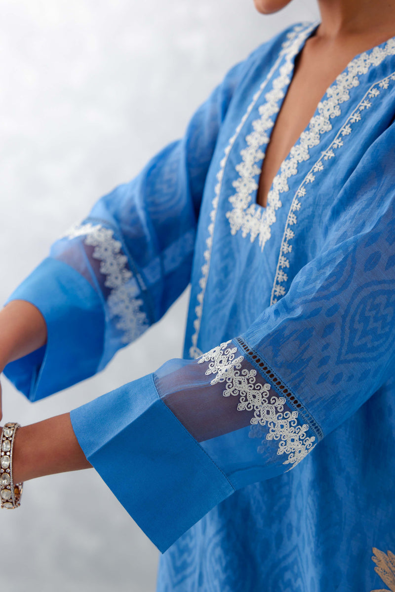 Blue Embroidered Chanderi Kurta Set