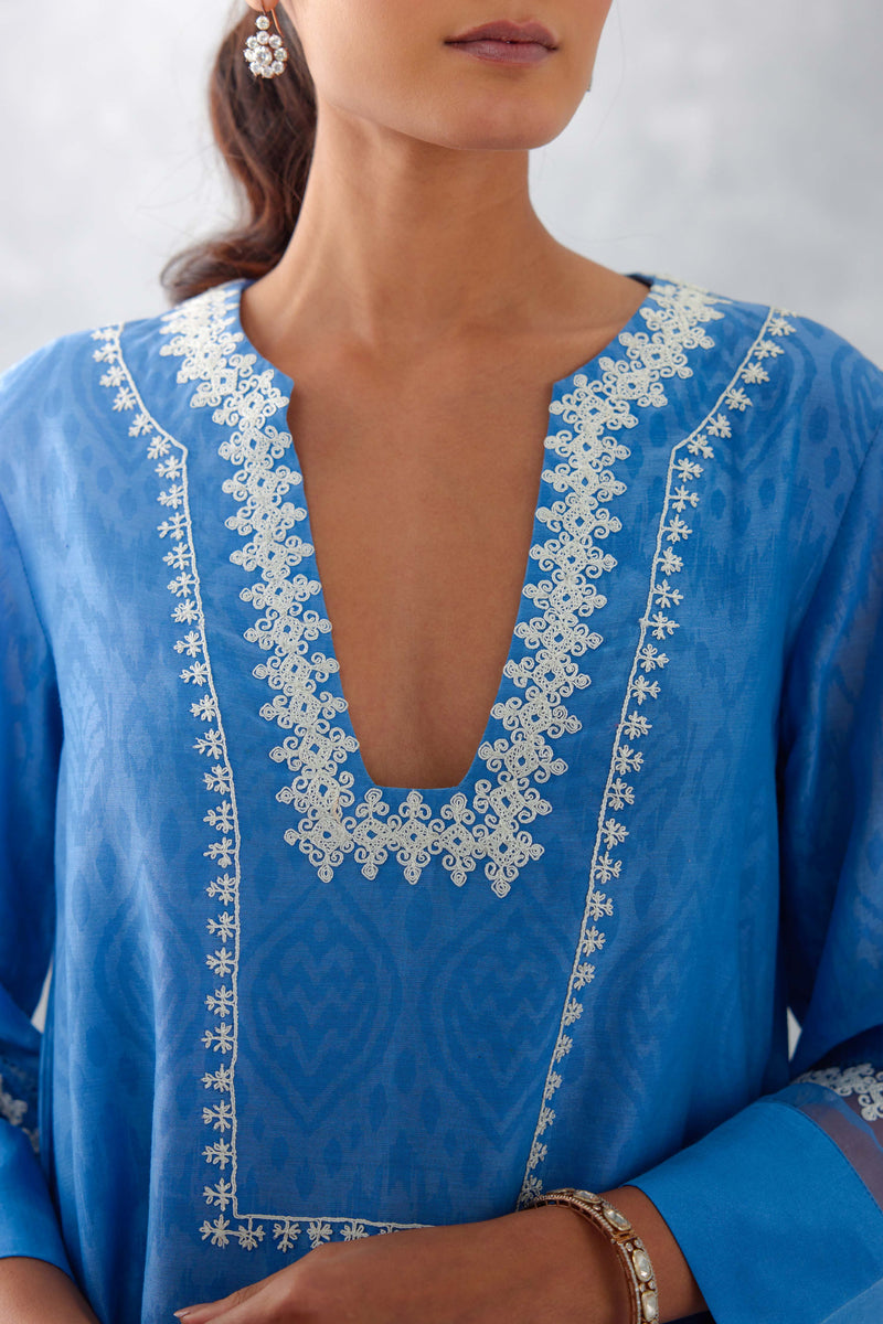 Blue Embroidered Chanderi Kurta Set