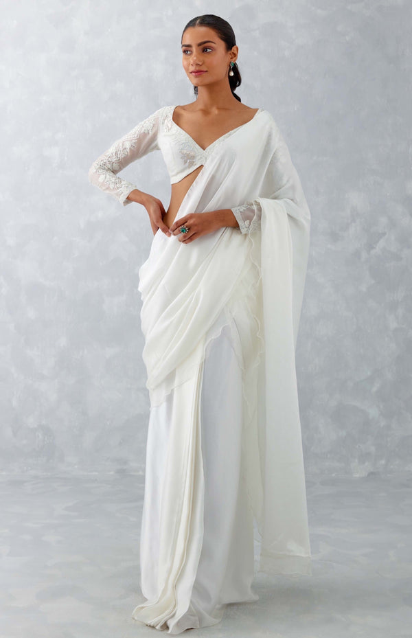 Shraddha Kapoor in Ivory Satin Pre Draped Saree