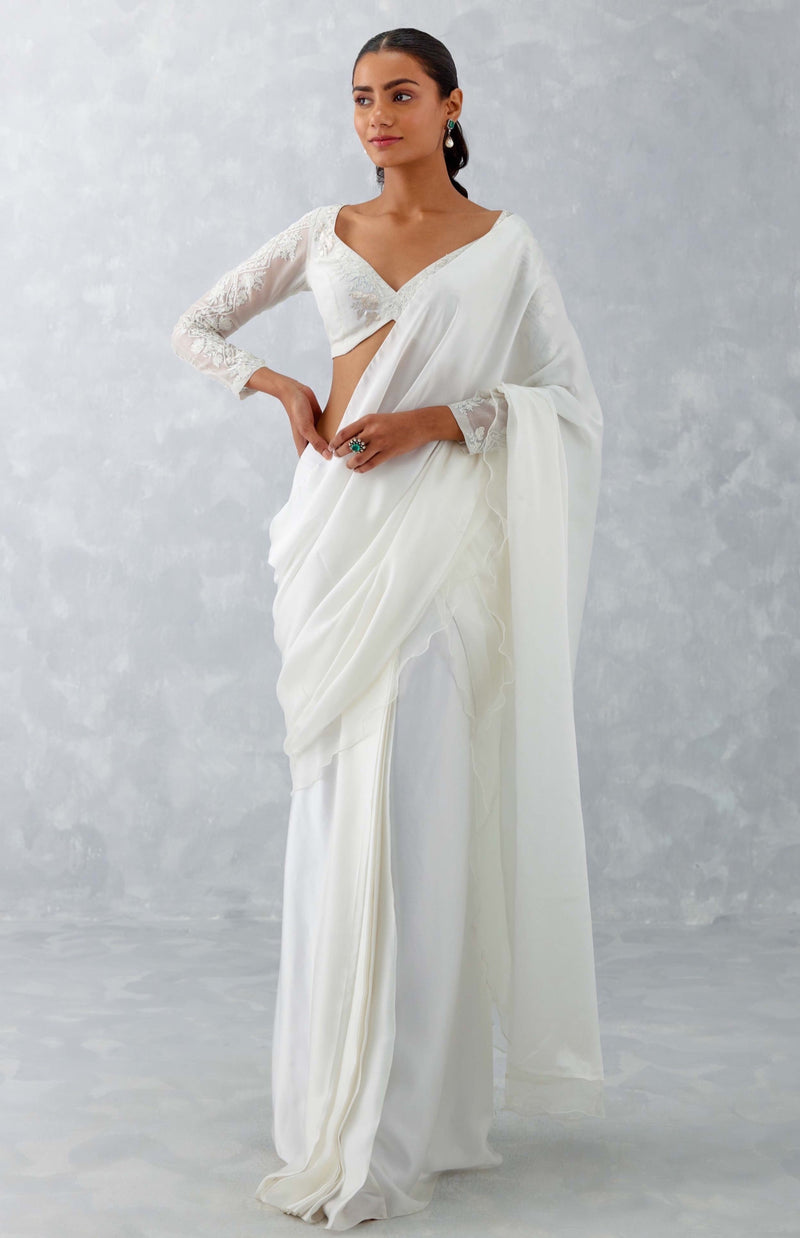 Ivory Satin Pre Draped Saree